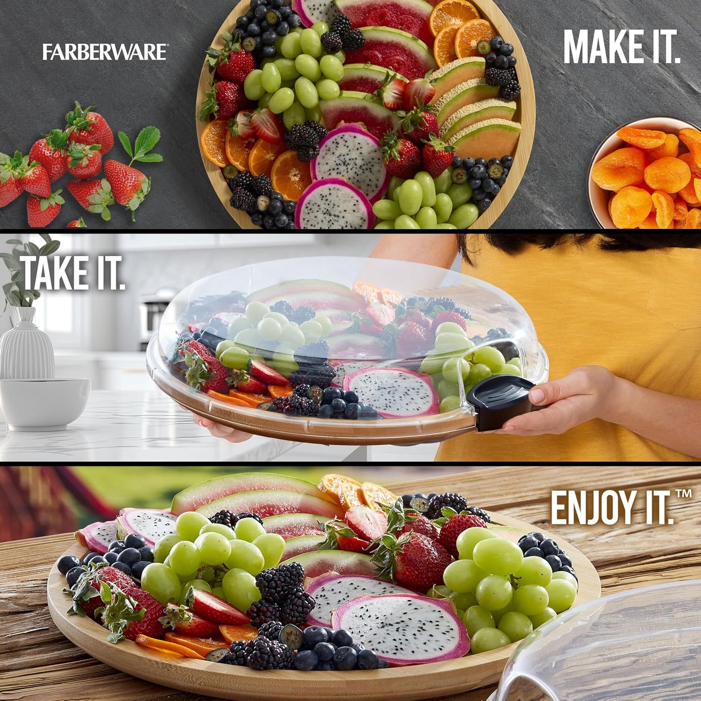 FARBERWARE Build-a-Board Cutting Board with Lazy Susan Turntable, Five Compartments, and Clear Locking Lid for Charcuterie, Snacks, and More, Acacia
