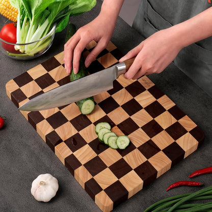 Cutting Board Set of 2 – Checkered Wood & Acrylic Cutting Board with Counter Lip for Kitchen Counter, Wood Checkerboard Chopping Board with Juice Grooves for Vegetables, Fruits, Meat