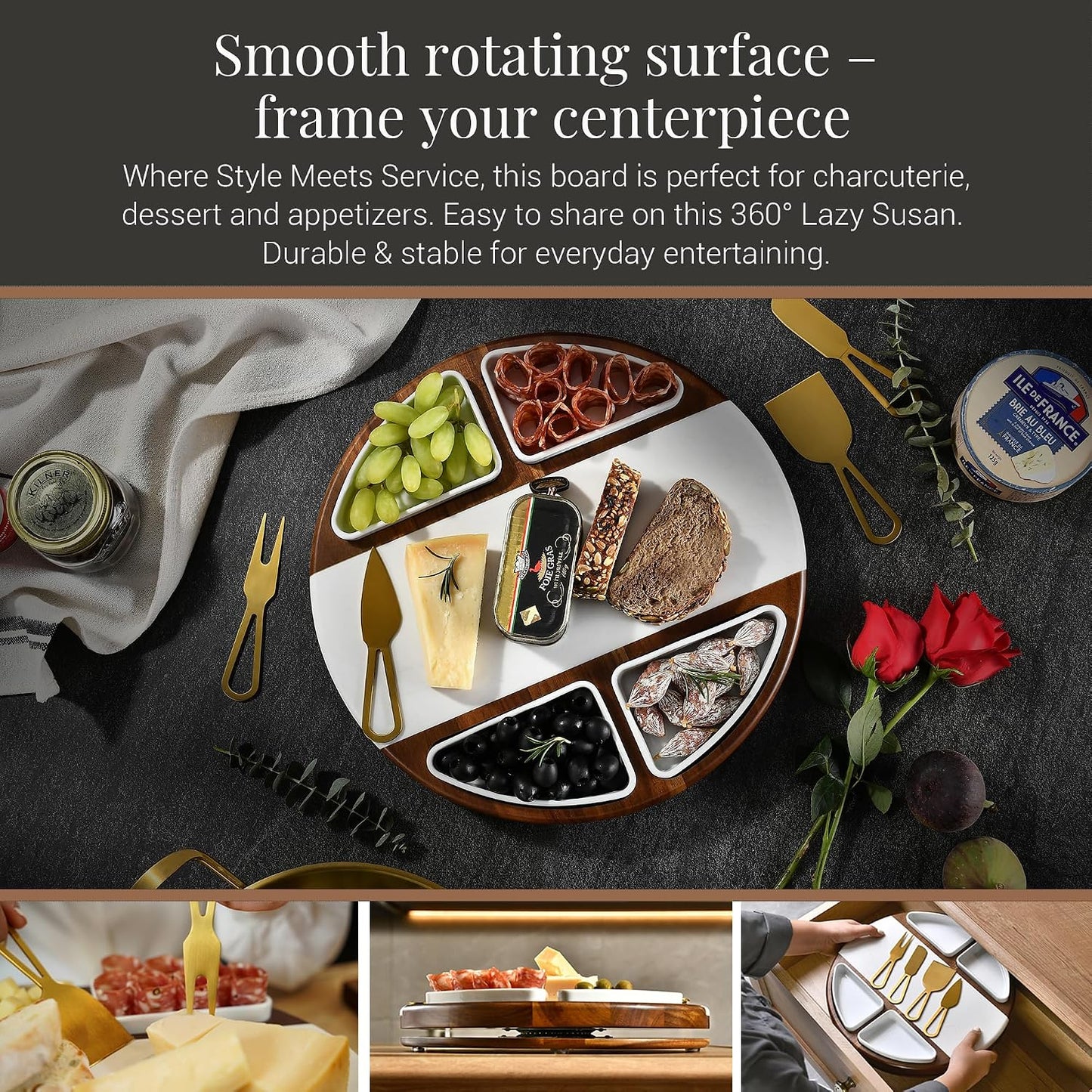 Shanik Acacia Wood Lazy Susan Cheese Board Set – Rotating Charcuterie Platter, Elegant Serving Tray for Appetizers, Snacks, Parties & Weddings