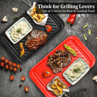Grilling Prep and Serve Trays, BBQ Platter for Raw and Cooked Food, Melamine Serving Trays for Food, Set of 2, Black and Red, Napkin and Cleaning Clothes Included