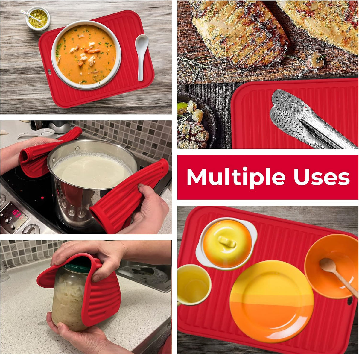 Silicone Trivets for Hot Dishes, Pots, Pans (2 Pack) - Heat-Resistant Pot Holders for Kitchen Countertop Mats - Silicone Trivet Mat (9 x 12 Inch) - Multipurpose Counter Pads (Black)