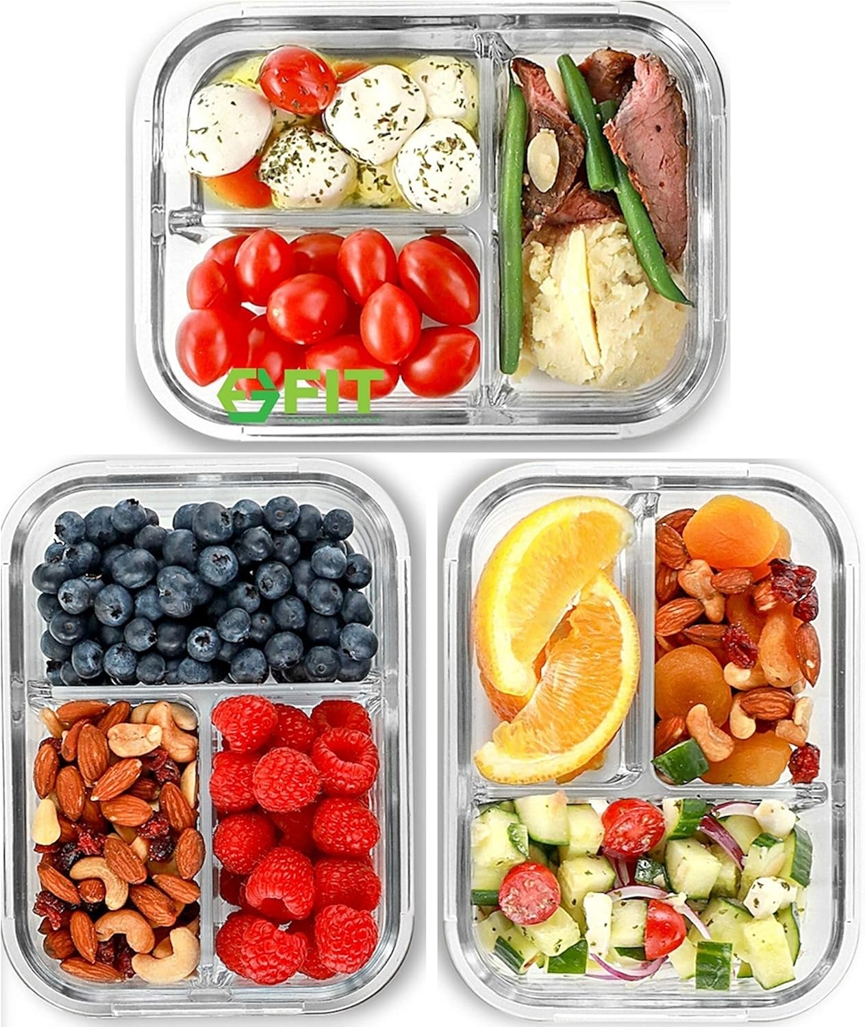 FIT Strong & Healthy 2 and 3 Compartment Glass Meal Prep Containers – Glass Bento Box for Adults, Portion Control, Food Storage, Lunch Container, Oven & Freezer Safe, Leak-Proof, 32 oz, Gray, 4 Pack