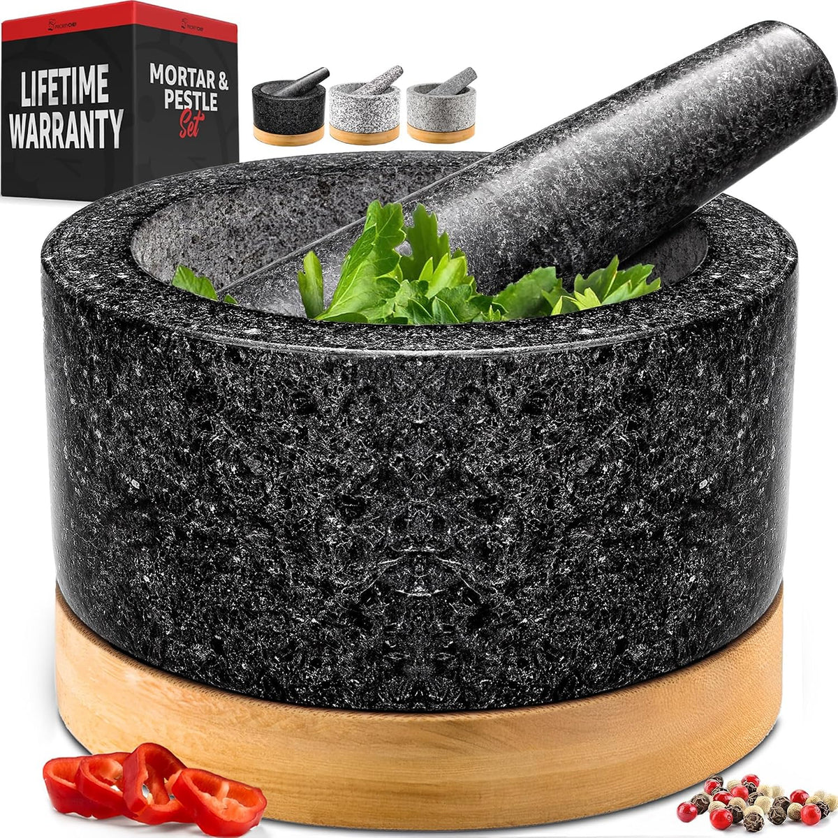 PriorityChef Heavy Duty Mortar and Pestle Set with Bamboo Base, 100% Natural Granite Stone Grinder, Guacamole Bowl and Masher, 1.5 Cups, Black