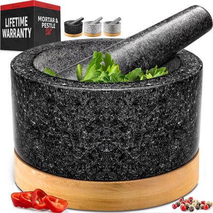 PriorityChef Heavy Duty Mortar and Pestle Set with Bamboo Base, 100% Natural Granite Stone Grinder, Guacamole Bowl and Masher, 1.5 Cups, Black