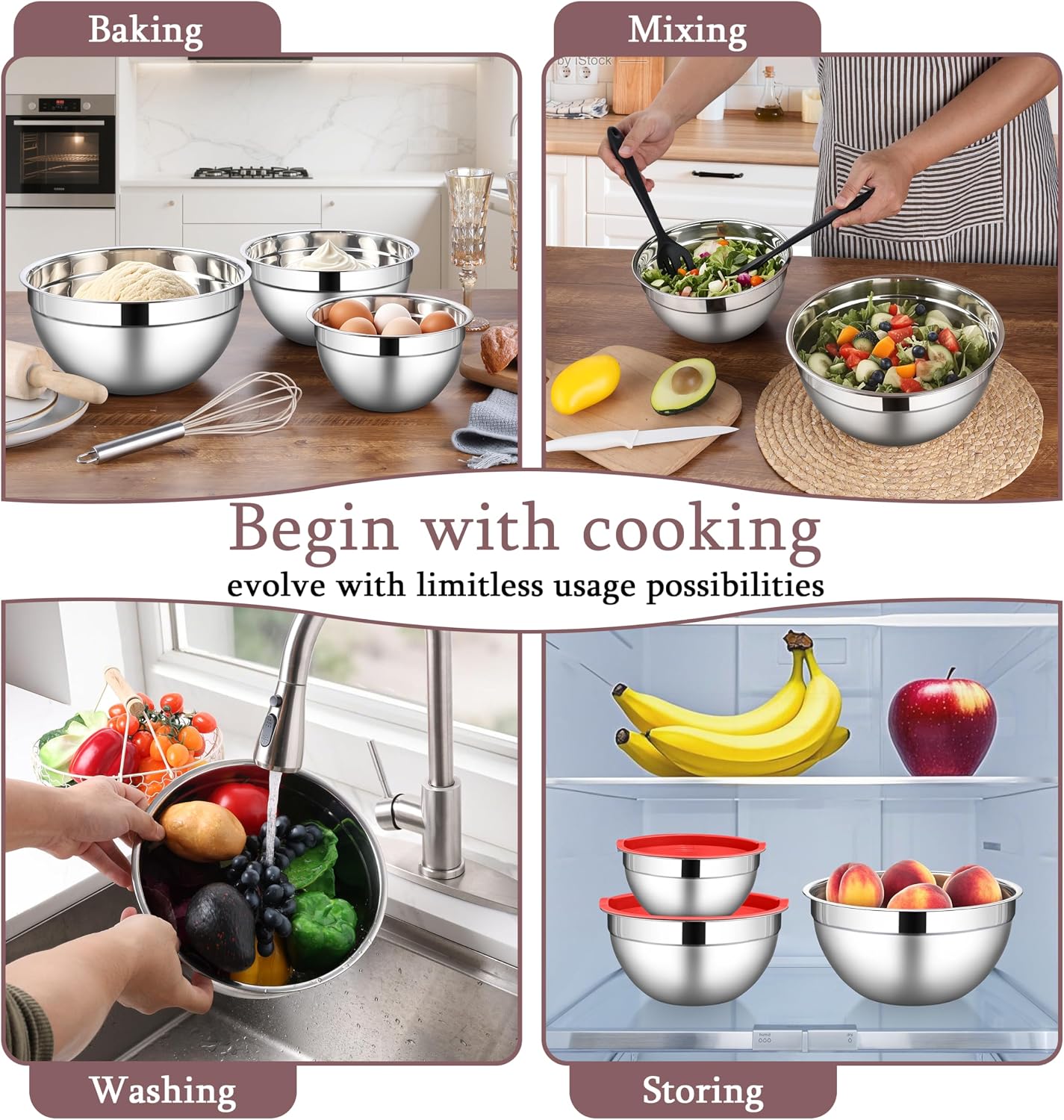 LIANYU Mixing Bowls with Airtight Lids Sets, 3 Packs Stainless Steel Metal Mixing Bowls, Ideal for Prepping, Cooking, Storage, Serving, Freezer & Dishwasher Safe, Khaki