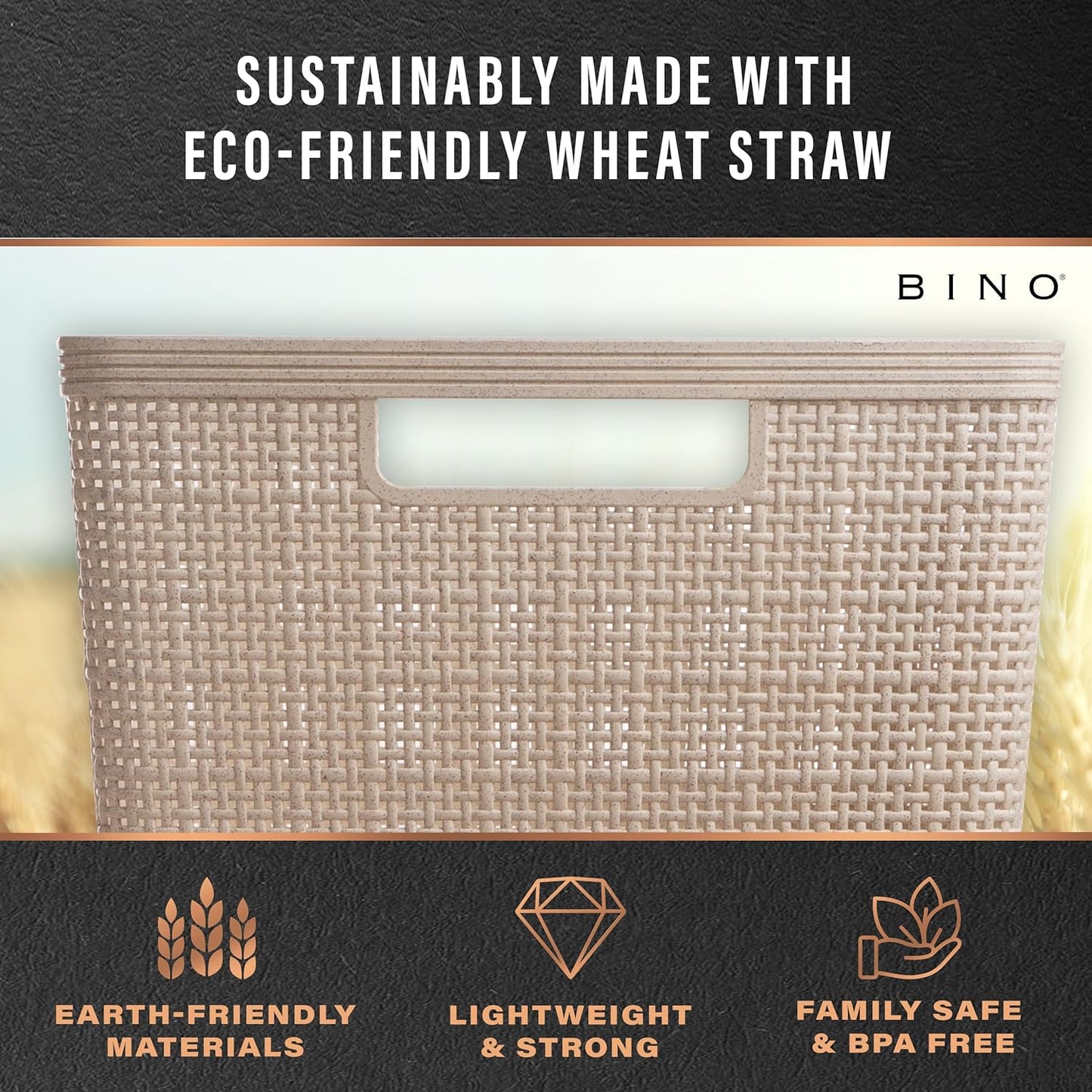 BINO Woven Plastic Basket | Large (Natural), 3-Pack | THE JUTE COLLECTION | Home Organization, Space-Saving Storage, Stylish Design | Plastic Storage Basket