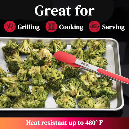 Popco 3 Piece Kitchen Tongs Set 7, 9, 12 Inch - Stainless Steel Nonstick Tongs with Silicone Tips - Heat Resistant and Dishwasher Safe for Cooking, Grilling, Salad, and Everyday Serving