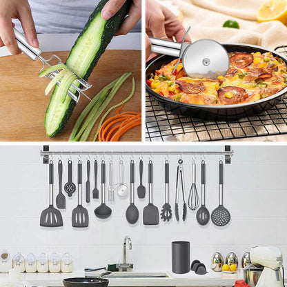 LIANYU 43 Pcs Silicone Kitchen Cooking Utensils with Holder, Heat Resistant Spatula Set with Stainless Steel Handle, Kitchen Cooking Gadgets Tools for Nonstick Cookware Set, Blue