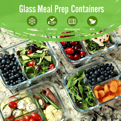 FIT Strong & Healthy 2 & 3 Compartment Glass Meal Prep Containers (4 Pack, 32 oz) and 32 oz Glass Water Bottle with Straw Lid, Time Marker, Sleeve & Extra Lid Bundle