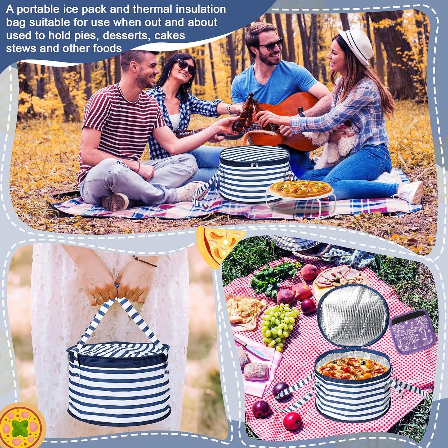 Pickmesh Round Pie Carrier 12 x 7 Inch Insulated Casserole Carriers with Lid and Detachable Handle for Hot or Cold Food Cake Transport Thanksgiving Christmas Gift(Cyan White Zigzag)