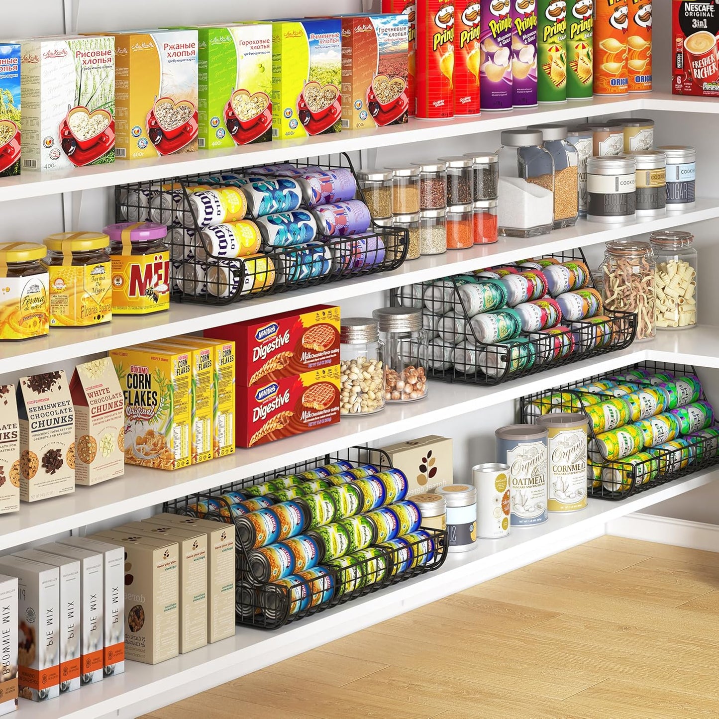 Stacking Can Dispensers 3 Tier with 3 Divider, Large Pantry Can Organizer, Beverage Drink Pop Soda Can Storage Basket, Can Holders for Pantry, Canned Food Rack Wire Bins for Kitchen Cabinet (3-Pack)