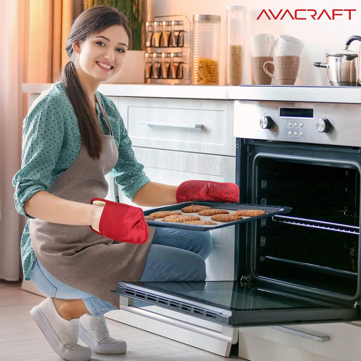 AVACRAFT Oven Mitts Pair, Flexible, 100% Cotton with Unique Heat Resistant Food Grade Silicone, Thick Terry Cloth Interior, 500 F Heat Resistant (Red Oven Mitts)