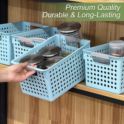 Soddeph 4 Pack Plastic Storage Basket with Handles, Small Deep Organizer Bin with Hollow Design for Under Counter, Shelf, Closet, Kitchen or Bathroom (White, Small)