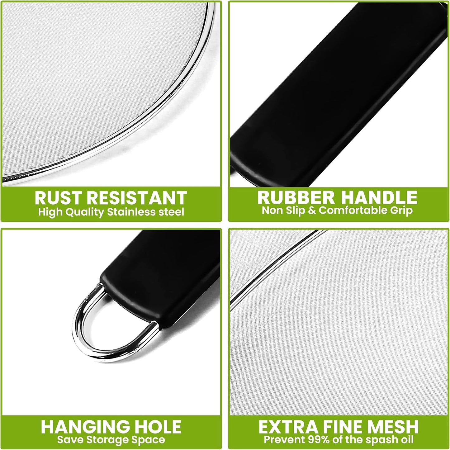 13" Grease Splatter Screen for Cooking | Stainless Steel Oil Splatter Guard and Ultra-Fine Mesh Protects Skin from Burns | TPR Tight-Grip Handle (Black)
