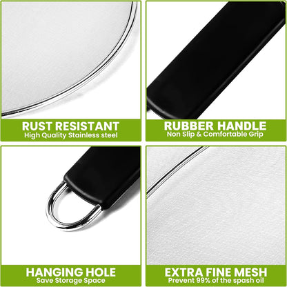 13" Grease Splatter Screen for Cooking | Stainless Steel Oil Splatter Guard and Ultra-Fine Mesh Protects Skin from Burns | TPR Tight-Grip Handle (Black)