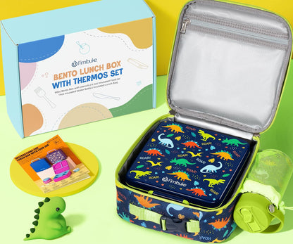 Fimibuke Kids Bento Lunch Box with Thermo, Leakproof Toddler Bento Box with 8.5 OZ Insulated Food Jar, Lunch Bag, Kids Water Bottle, 3 or 4 Compartment Container for Back to School Toddler Girls Boys