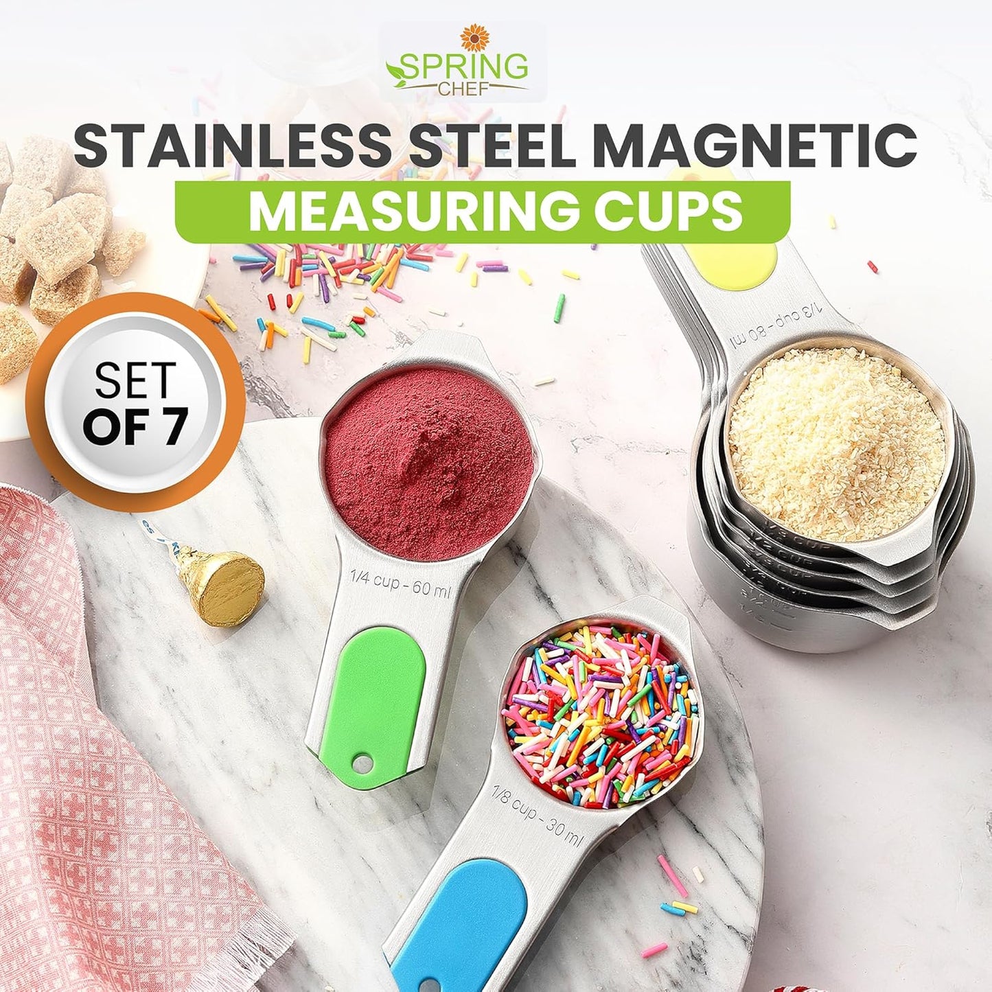Spring Chef Stainless Steel Measuring Cups Set of 7 with Pour Spout - Nesting Kitchen Tools with Easy Read Markings to Measure Dry or Liquid Ingredients - Metal Measuring Cups for Baking & Cooking