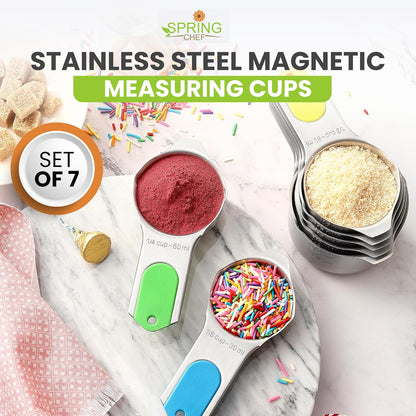 Spring Chef Stainless Steel Measuring Cups Set of 7 with Pour Spout - Nesting Kitchen Tools with Easy Read Markings to Measure Dry or Liquid Ingredients - Metal Measuring Cups for Baking & Cooking