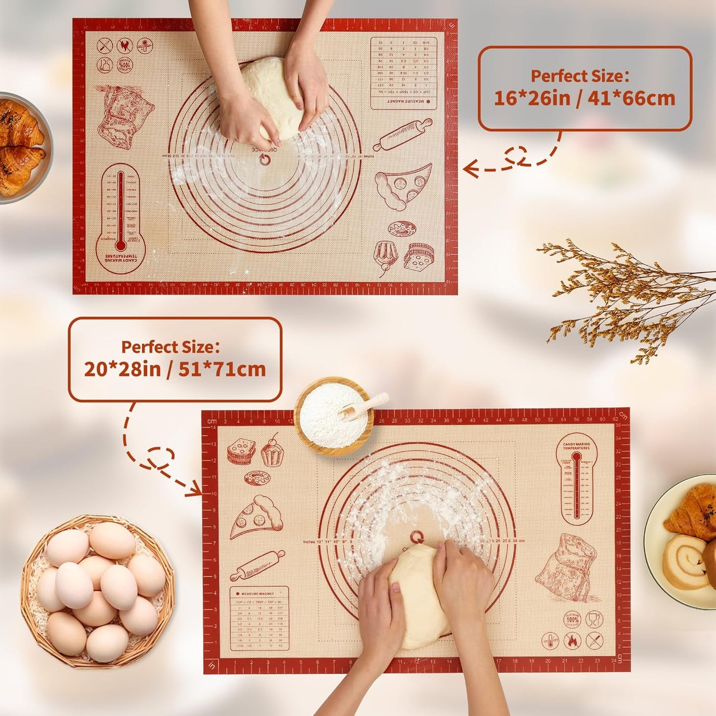 Silicone Baking Pastry Dough Mat - 28x20Inch Extra Large Cookie Bread Rolling Mats Sheet, Nonstick Kitchen Counter Kneading Board, Thick Reusable Pie Cookies Pizza Fondant Making Matt with Measurement