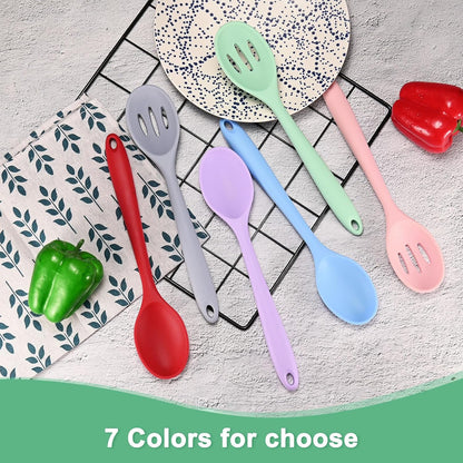 M METERXITY 2-Pack Silicone Cooking Spoons, 10.6" Mixing Nonstick Slotted and Solid Serving Spoons, Heat Resistant Utensils for Kitchen/Cooking/Baking/Stirring