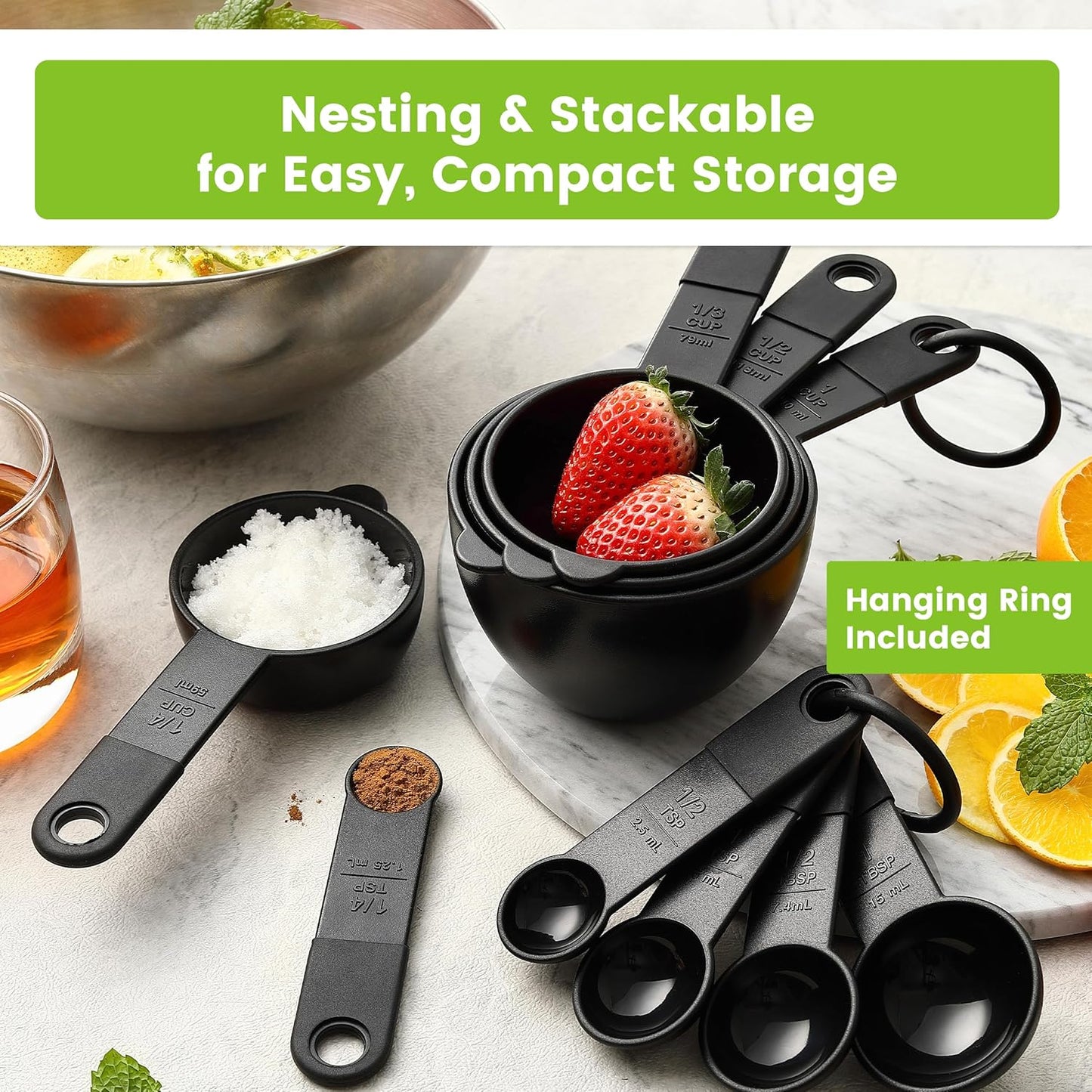Spring Chef Magnetic Measuring Cups and Spoons Set of 9, Nesting Kitchen Tool with Easy to Read Markings for Measuring Dry or Liquid Ingredient, BPA Free, Black