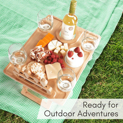 Charcuterie Picnic Table with Wine Glass Holder, Portable Wine & Cheese Board, 4-Piece Cheese Knife Set (Gold) w/Detachable Knife Stand, Bamboo Charcuterie Table, Hosting & Wine Gift