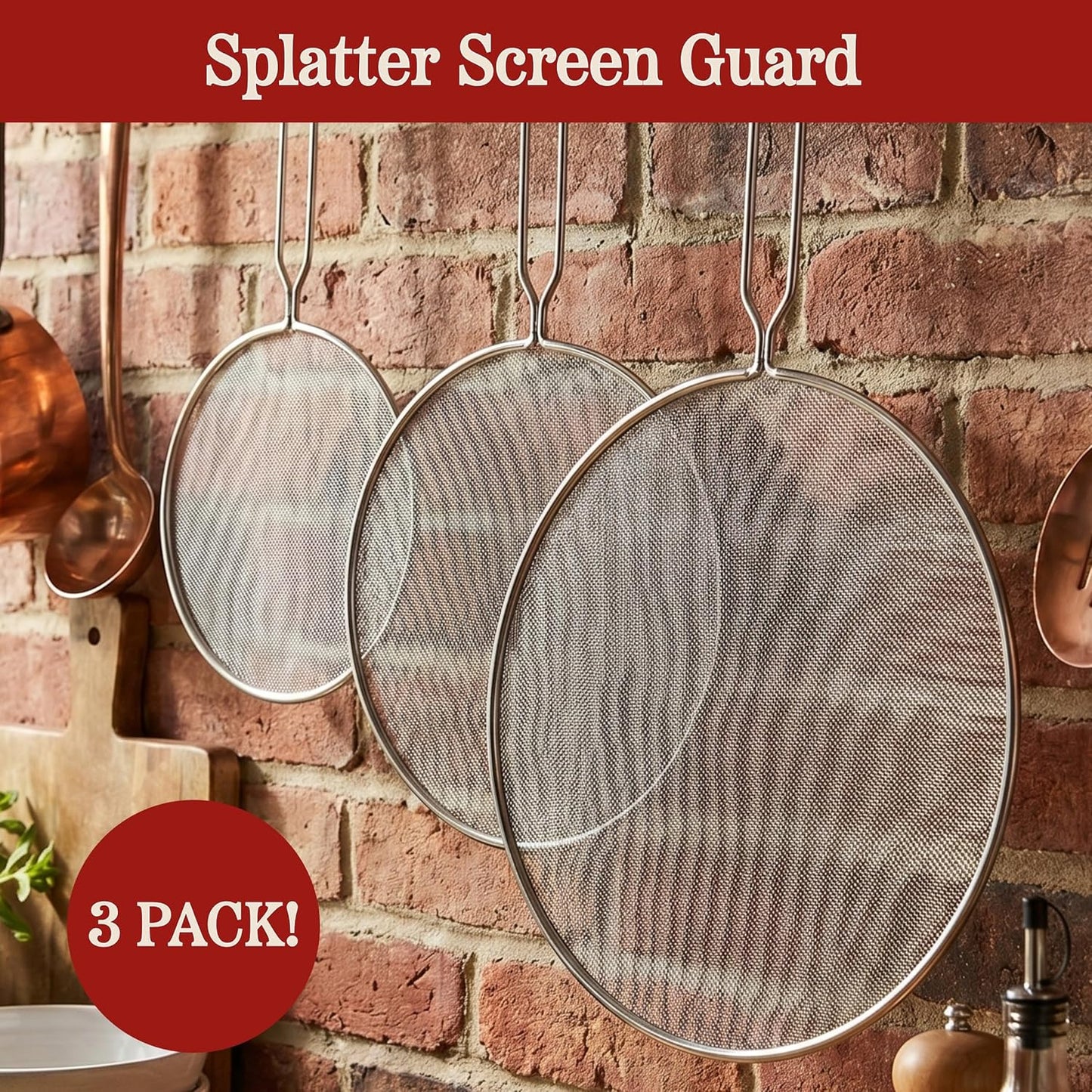 3-Piece Splatter Screen Set – Fine Mesh Stainless-Steel Grease Splatter Guard for Pots, Pans, and Skillets – Kitchen Gadgets by Classic Cuisine