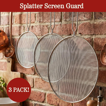 3-Piece Splatter Screen Set – Fine Mesh Stainless-Steel Grease Splatter Guard for Pots, Pans, and Skillets – Kitchen Gadgets by Classic Cuisine