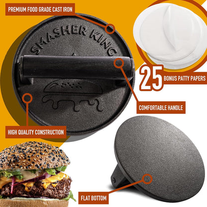 Premium Cast Iron Smash Burger Press incl. 25 Patty Paper