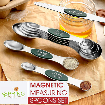 Spring Chef Stainless Steel Magnetic Measuring Spoons Set with Strong N45 Magnets, Heavy Duty Metal Kitchen Gadgets for Baking & Cooking, Fits in Most Kitchen Spice Jars, Set of 8 with Leveler, Black