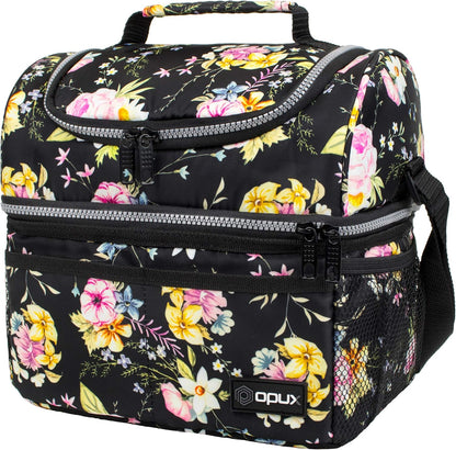 opux Insulated Lunch Bag for Men Women, Double Decker Leakproof Lunch Box Cooler Tote with Shoulder Strap, Large Lunchbox for Work School Travel Meal Prep, Adults Kids Boys Girls, Green, 16 Cans