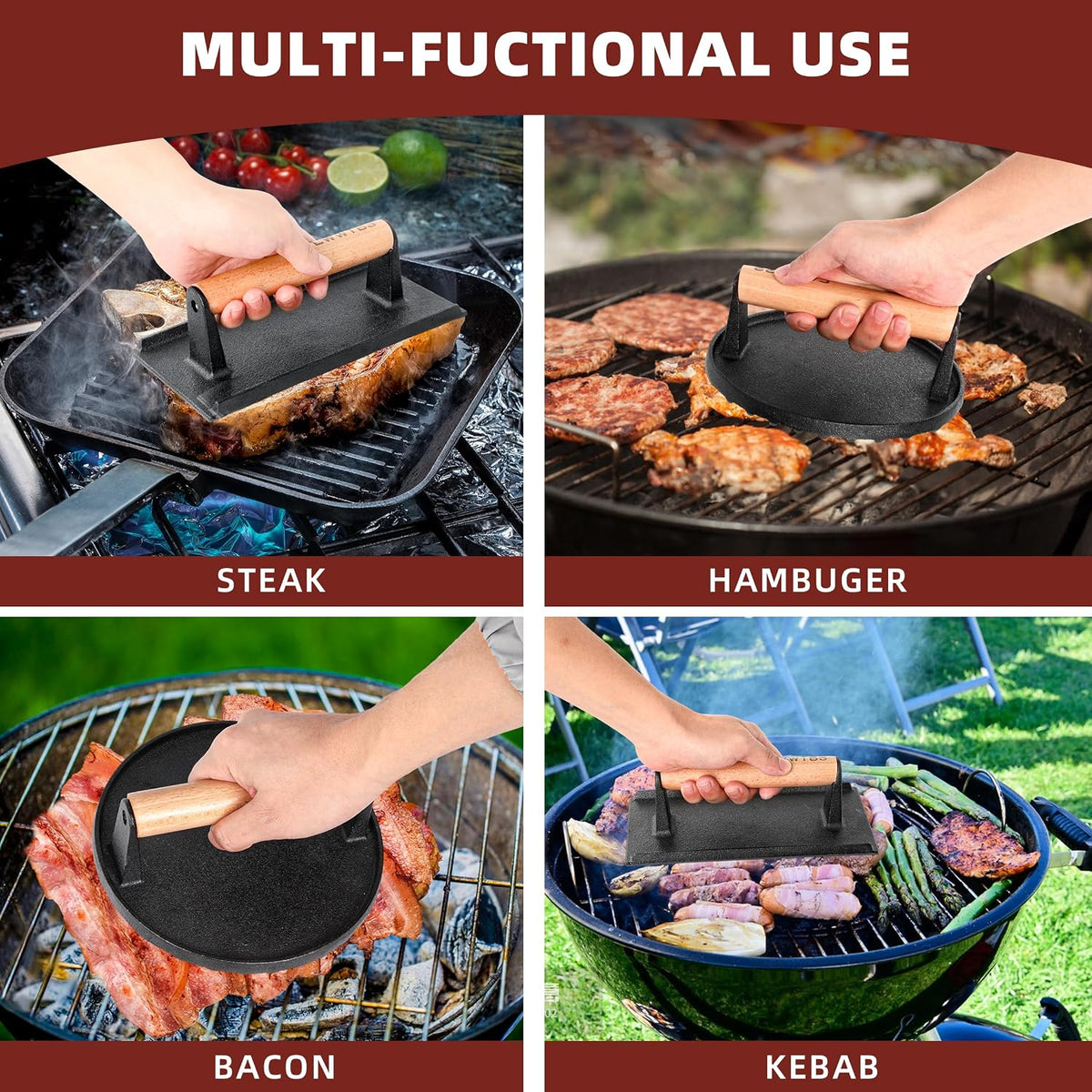 Burger Press Heavy-Duty Cast Iron Smash Meat Steak Weight Grill Griddle