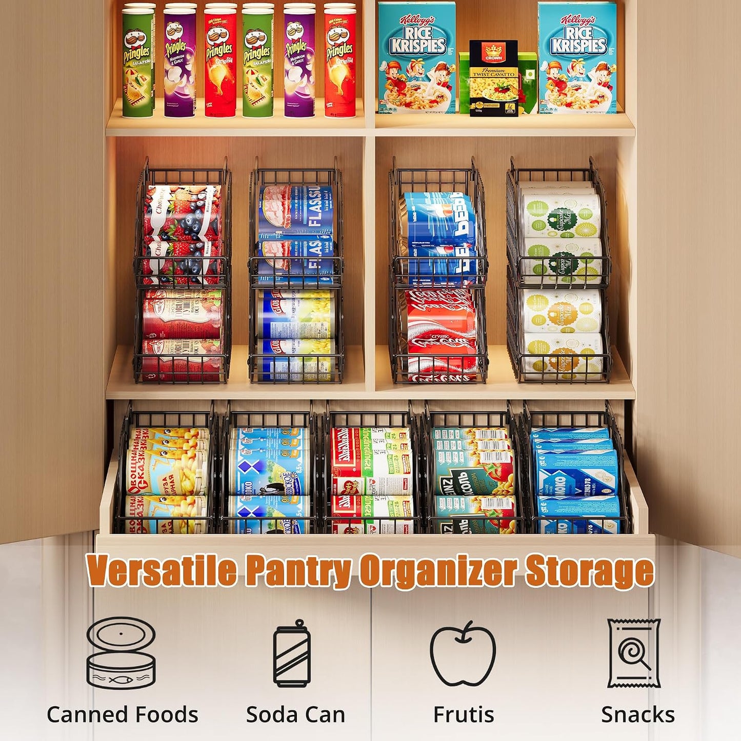 Sonyabecca 4-Pack Stackable Canned Food Organizer with Handles, Soda Can Organizer for Kitchen Pantry Shelves, Foldable Wire Cabinet Shelf for Can Storage, Patent Pending, Black