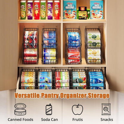 Sonyabecca 4-Pack Stackable Canned Food Organizer with Handles, Soda Can Organizer for Kitchen Pantry Shelves, Foldable Wire Cabinet Shelf for Can Storage, Patent Pending, Black