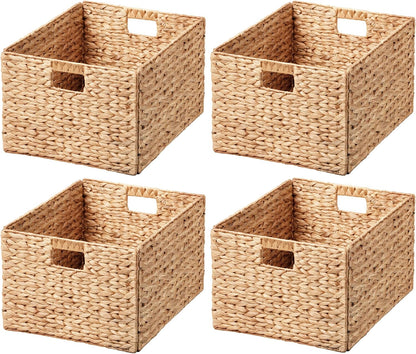 eHemco Trapezoid Woven Hyacinth Wicker Pantry Storage Baskets with Iron Wire Frame, 13.25"x9"x7/3.5", Natural, Set of 2