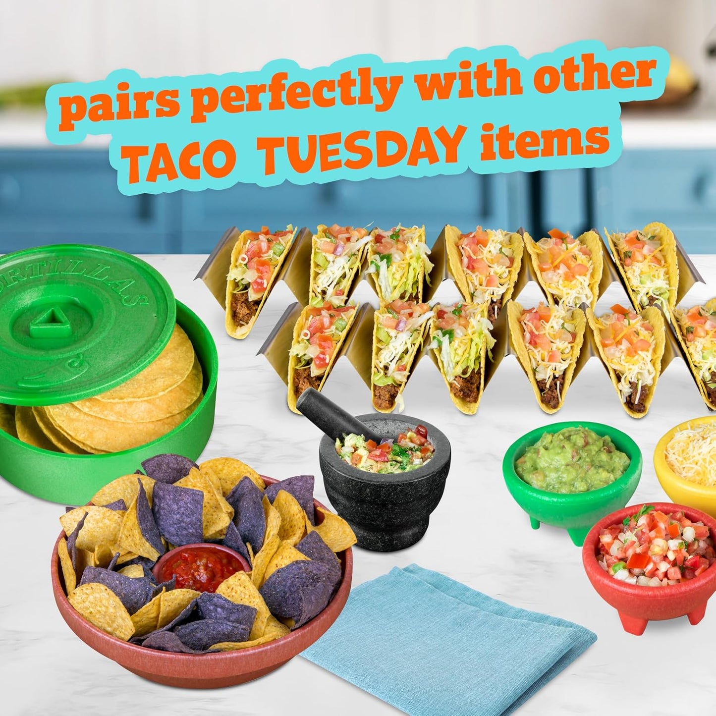 Taco Tuesday Complete Taco Serving Set with Tortilla Warmer, Salsa Bowls, Shell Holders, and Mortar and Pestle - 9-Piece Set - Red, Yellow, and Green