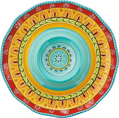 Valencia 13.25" Ceramic Chip & Dip Platter – Colorful Mediterranean Serving Dish with Built-In Center Bowl, Glazed Ceramic Appetizer Tray for Entertaining, Fiesta & Everyday Use