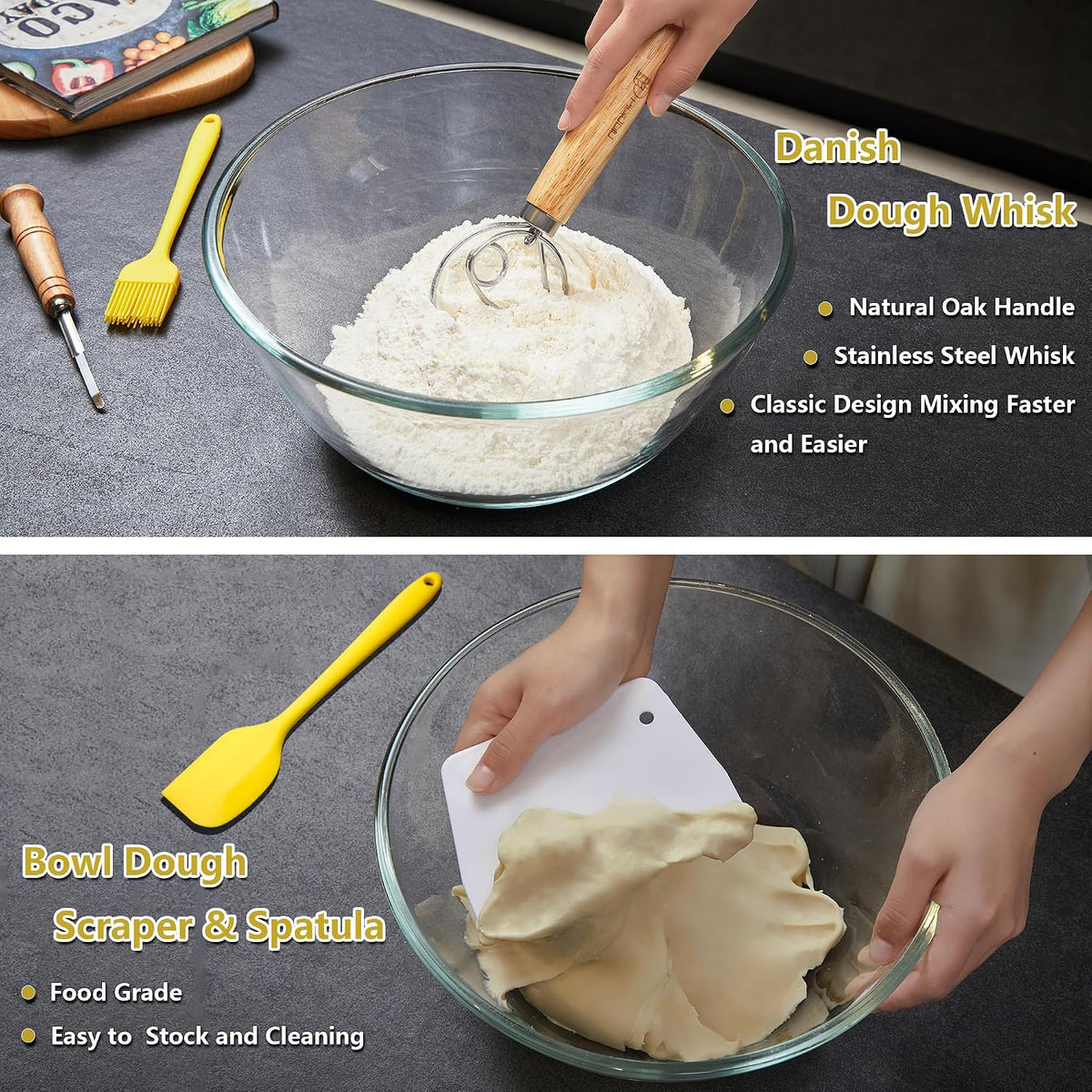 Sourdough Bread Baking Set, 10 Inch Oval & 9 Inch Round Banneton Bread Proofing Baskets with Linen Liner, Silicone Bread Sling, Danish Dough Whisk, Dough Scraper Kit, Silicone Brush & Spatula