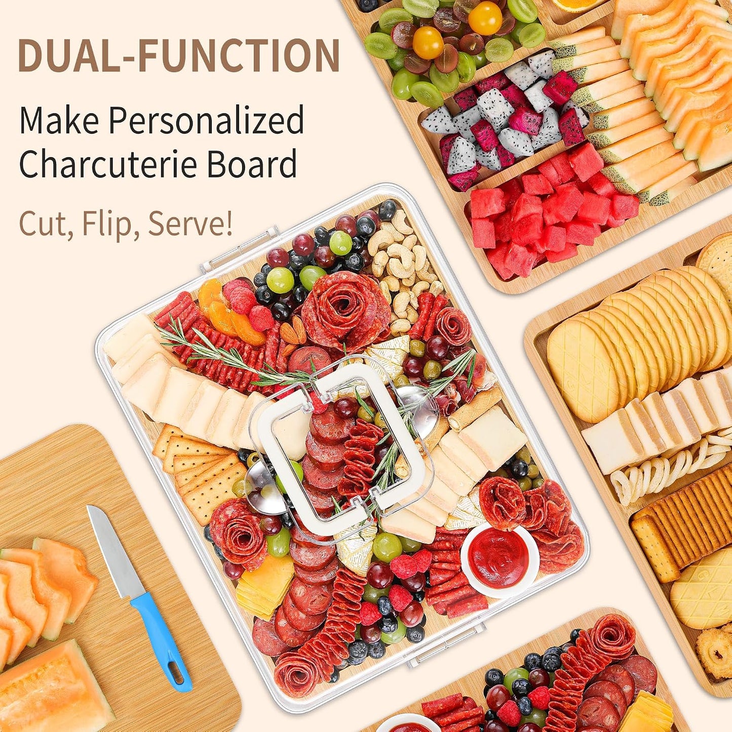 CAWIU Portable Travel Charcuterie Board with Lid and Handle - Large Bamboo Cheese Board with 4 Cheese Knife Set for Outdoor, Picnics - Weddings, House Warming Gift for Women (1 Compartment, White)