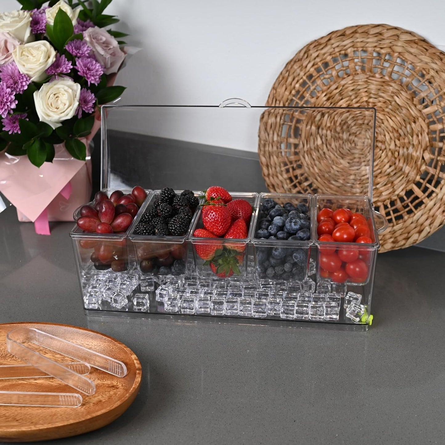 Ice Chilled 5 Compartment Condiment Serving Tray; Condiment Caddy with 5 Removable Containers; Cold Serving Trays for Food Party; Bar Accesories Fruit and Salad Caddy with Lid