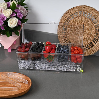 Ice Chilled 5 Compartment Condiment Serving Tray; Condiment Caddy with 5 Removable Containers; Cold Serving Trays for Food Party; Bar Accesories Fruit and Salad Caddy with Lid