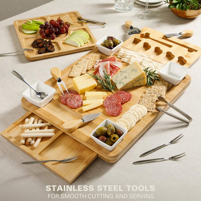 Gibson Home Rustic Inspirations 18-Piece Bamboo Charcuterie Board Set for Serving – Large Cheese & Fruit Tray with Hidden Drawer Ceramic Bowls Utensils – Gift for Entertaining Housewarming Holidays