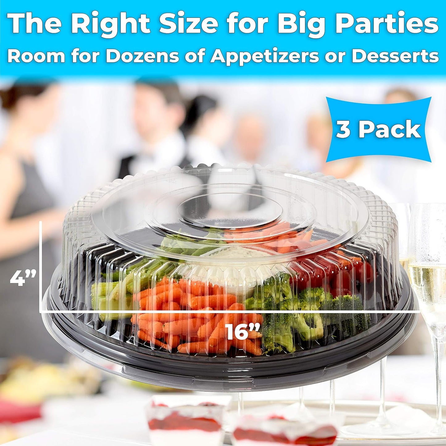 Avant Grub Heavy Duty, Recyclable 12 in. Serving Tray and Lid 5pk. Large, Black Plastic Party Platters with Clear Lids Dishware Plate, Elegant Round Banquet or Catering Trays for Serving Appetizers