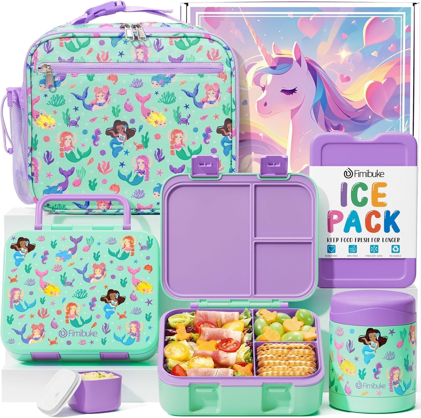 Fimibuke Bento Lunch Box for Kids with Food Jar, 3-Compartment 32OZ Snack Lunch Container, Lunch Bag, 12OZ Insulated Food Jar & Ice Pack Set for Age 3-12 School Daycare Toddler Teen Girls Boy, Fairies