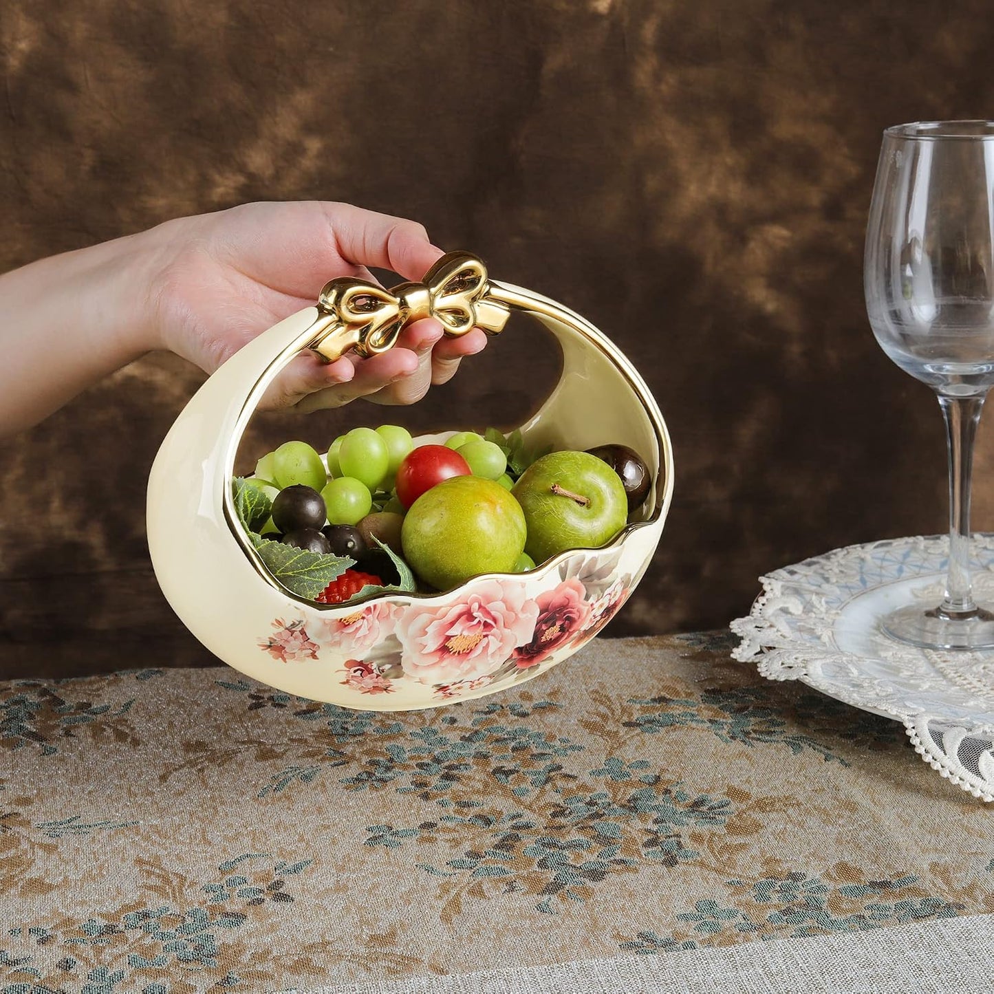 fanquare 3 Compartment Platter, Gold Porcelain Appetizer Serving Tray, Floral Ceramic Divided Serving Plate for Fruit, Candy, Nuts