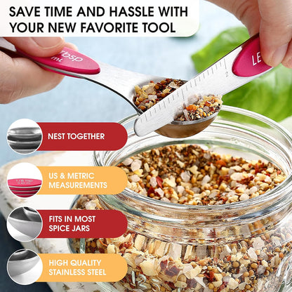 Spring Chef Stainless Steel Magnetic Measuring Spoons Set with Strong N45 Magnets, Heavy Duty Metal Kitchen Gadgets for Baking & Cooking, Fits in Most Kitchen Spice Jars, Set of 8 with Leveler, Black