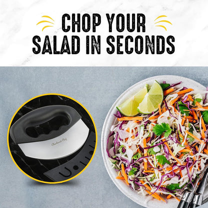 Checkered Chef Salad Chopper Tool - Mezzaluna Knife, Stainless Steel Blade