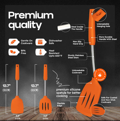 BakeRoyal Silicone Spatula Set - Turner Spatulas Silicone Heat Resistant 600°F - Slotted & Solid Spatula for Cooking Fish, Eggs, Pancakes Flipper – Spatulas for kitchen use – Black