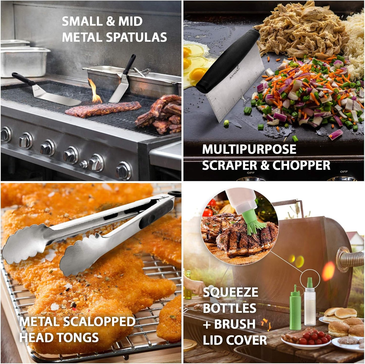 Metal Spatula Stainless Steel and Scraper - Professional Chef Griddle Spatulas Set of 3 - Heavy Duty Accessories Great for Cast Iron BBQ Flat Top Grill Skillet Pan - Commercial Grade
