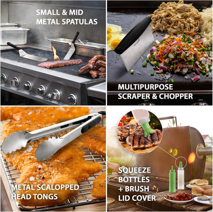 Metal Spatula Stainless Steel and Scraper - Professional Chef Griddle Spatulas Set of 3 - Heavy Duty Accessories Great for Cast Iron BBQ Flat Top Grill Skillet Pan - Commercial Grade